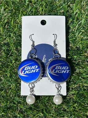 Bud Light Bottle Cap Dangle Earrings - Blue & Silver